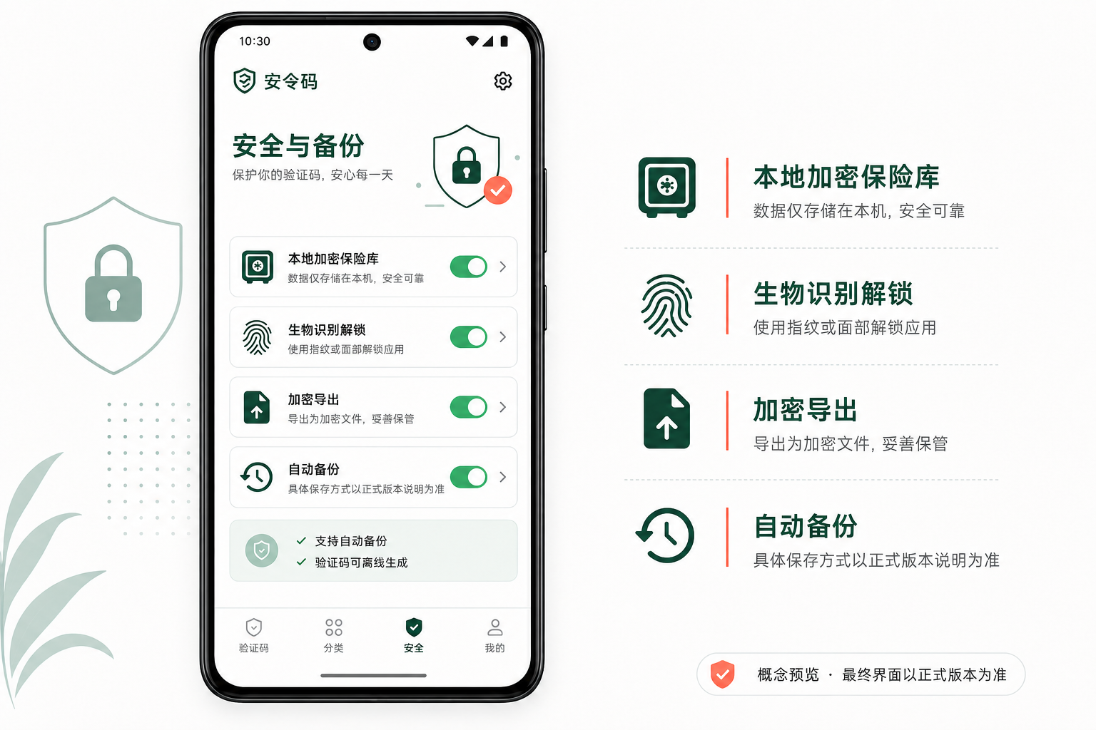 安令码安全与备份原创概念界面,展示本地加密、生物识别、加密导出和自动备份